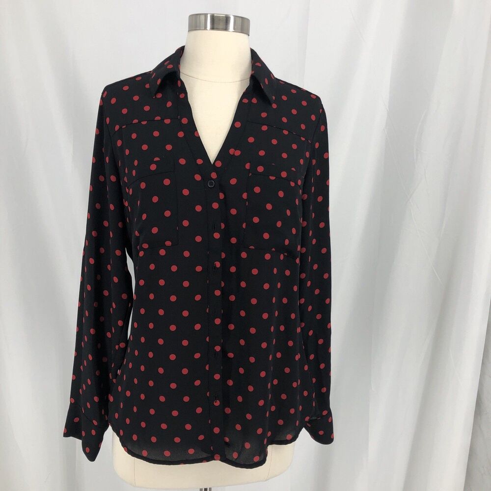 Express Portofino Shirt Womens M Slim Black Red Polka Dot Blouse Roll Tab Sleeve